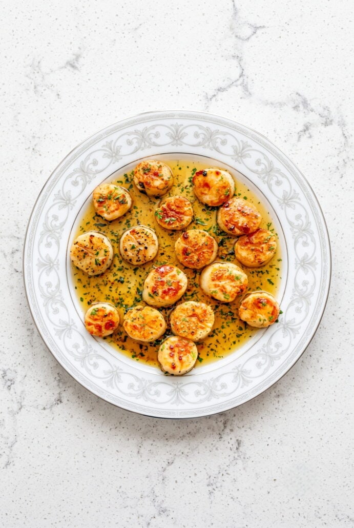 Golden garlic butter scallops topped with parsley and served in a flavorful lemon garlic butter sauce.