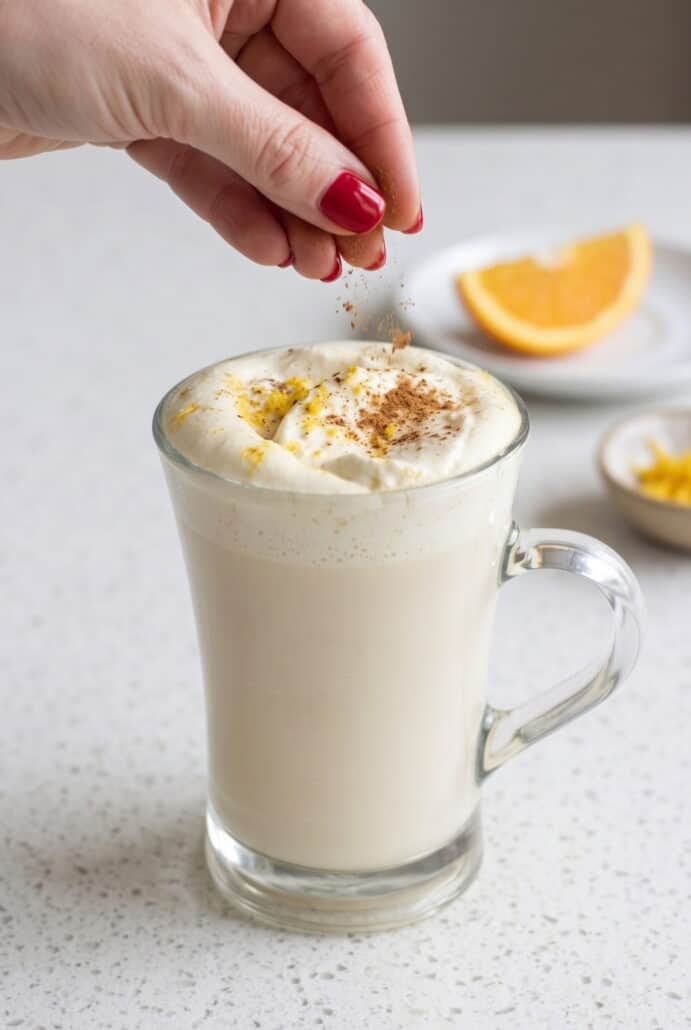 Adding orange zest to white chocolate orange hot cocoa topped with whipped cream.