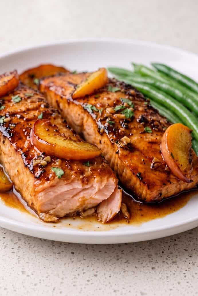 Bourbon peach roasted salmon topped with caramelized peach slices, fresh herbs, and green beans.