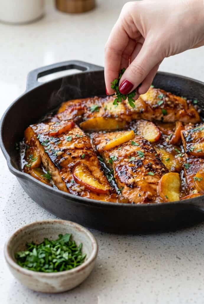 Bourbon peach roasted salmon in a skillet with sliced peaches and fresh parsley garnish.