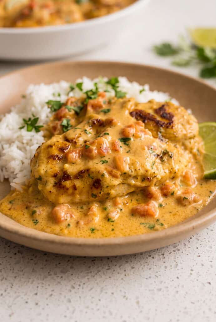 Creamy Cajun chicken with rice, herbs, and spicy sauce.