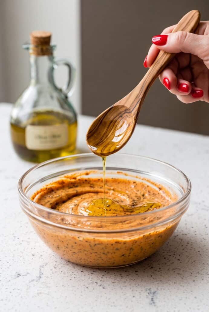 Olive oil being added to chipotle garlic sour cream sauce to create a smooth, creamy consistency.