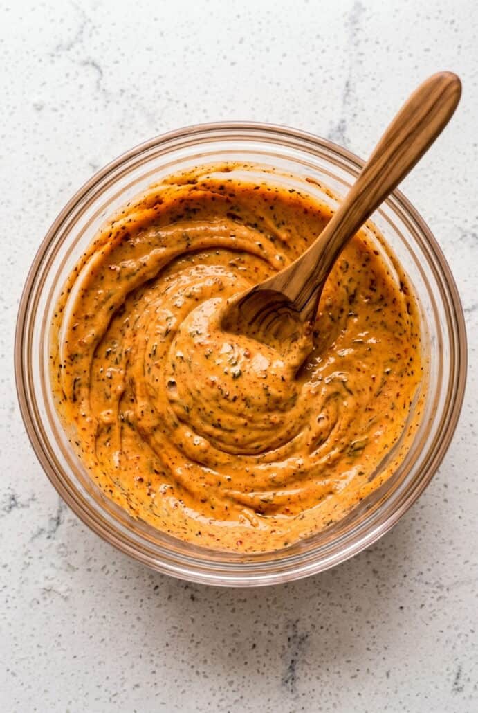 Creamy chipotle garlic sour cream sauce mixed until smooth and ready to serve.
