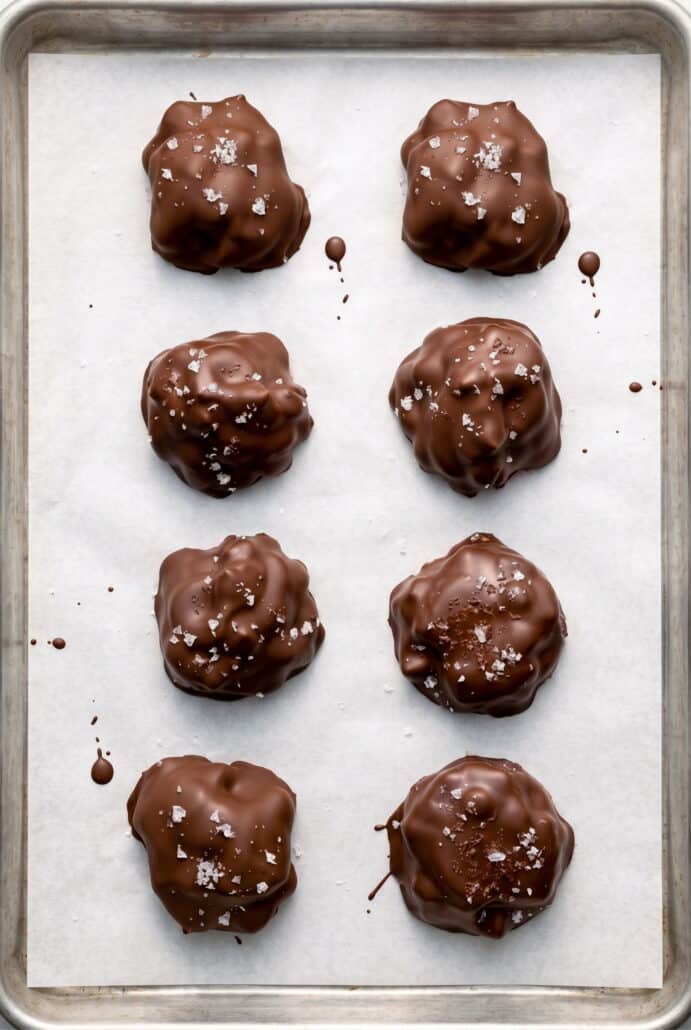 Chocolate strawberry yogurt bites coated in chocolate and topped with sea salt on parchment paper.
