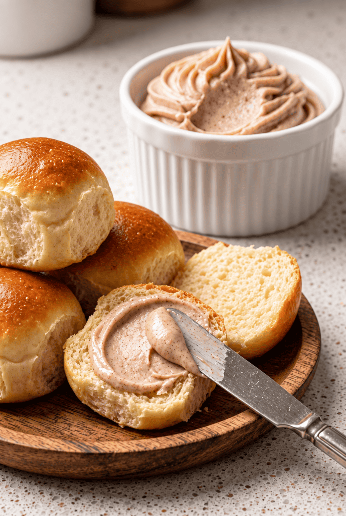 Cinnamon butter served with warm dinner rolls and sliced bread for spreading.