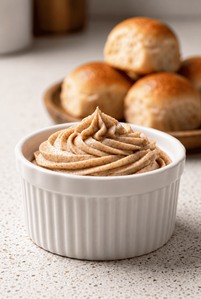 Whipped cinnamon butter in a ramekin served with warm dinner rolls.