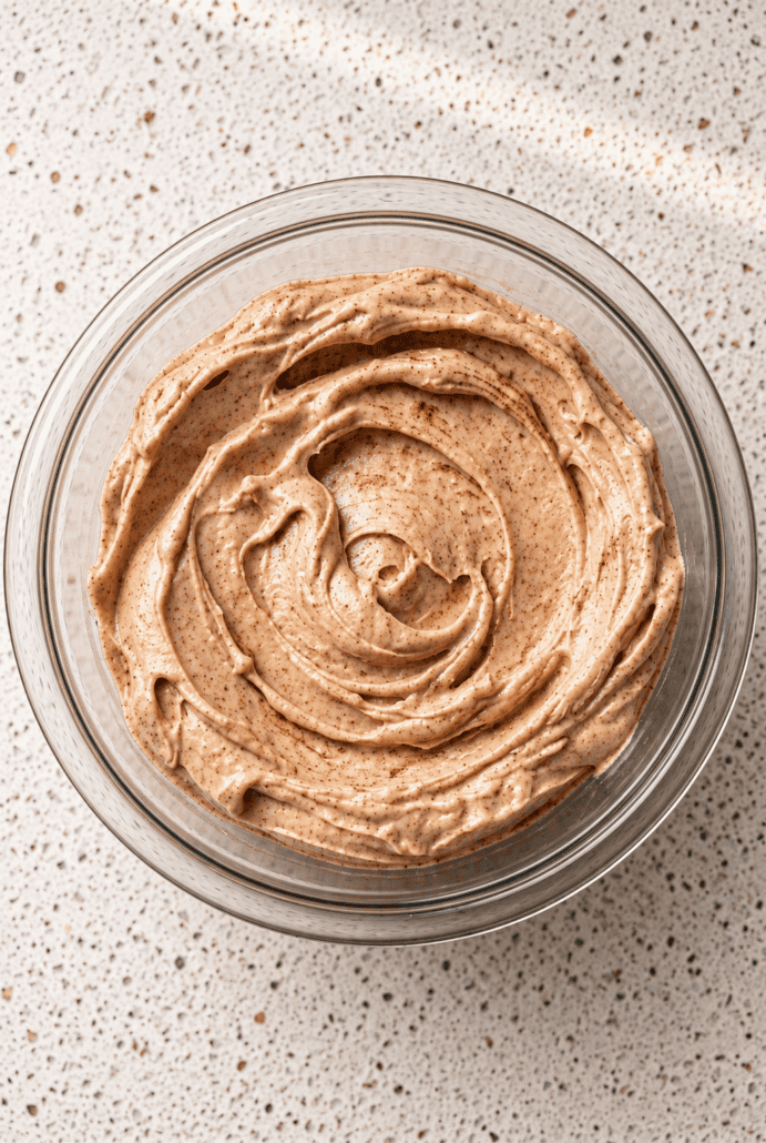 Creamy cinnamon butter freshly mixed in a bowl and ready to serve.
