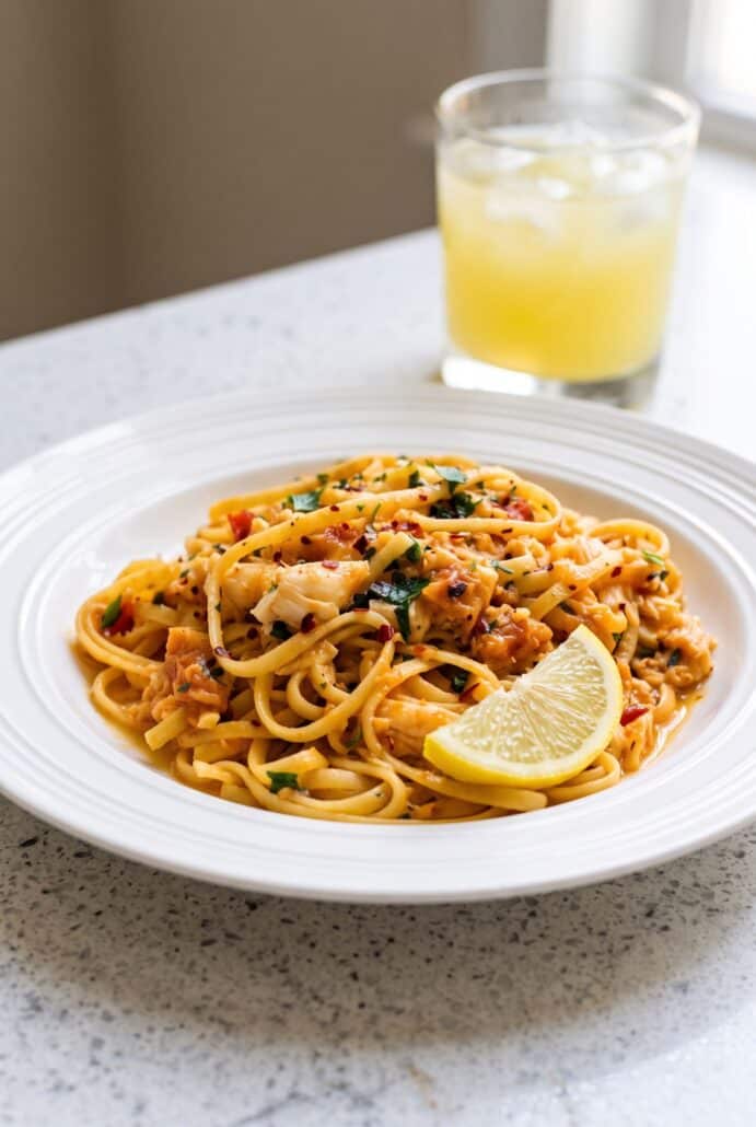 Crab linguine with parsley and lemon, served as a flavorful seafood pasta dinner.
