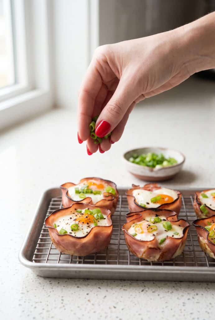 Sprinkling chopped green onions over freshly baked ham and cheese egg cups.