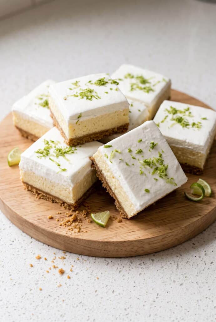 Key lime pie bars with creamy citrus filling, whipped topping, lime zest, and a buttery cookie crust.