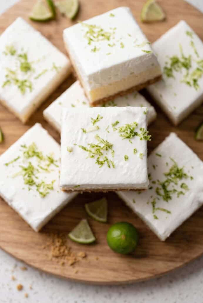 Key lime pie bar squares topped with whipped cream and fresh lime zest, ready to serve chilled.