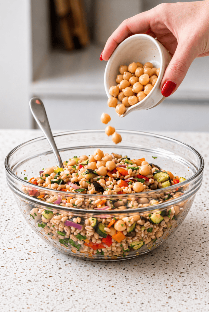 Adding chickpeas to Mediterranean farro salad with roasted vegetables and feta.