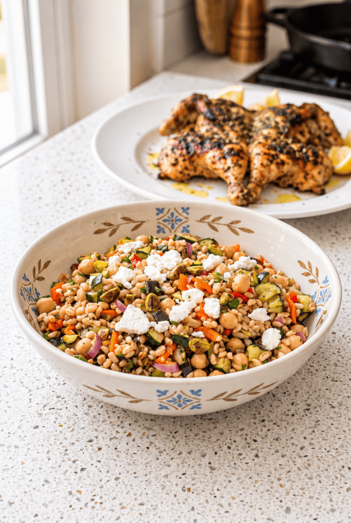 Mediterranean farro salad with feta and vegetables served alongside roasted chicken.