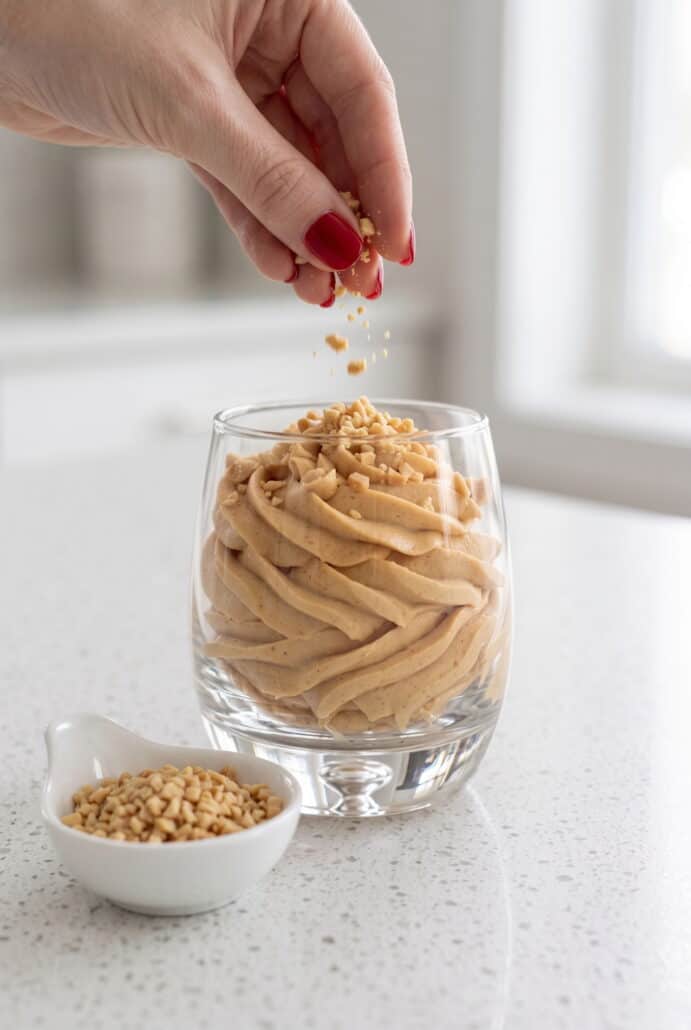Hand sprinkling chopped peanuts over creamy peanut butter mousse in a glass.