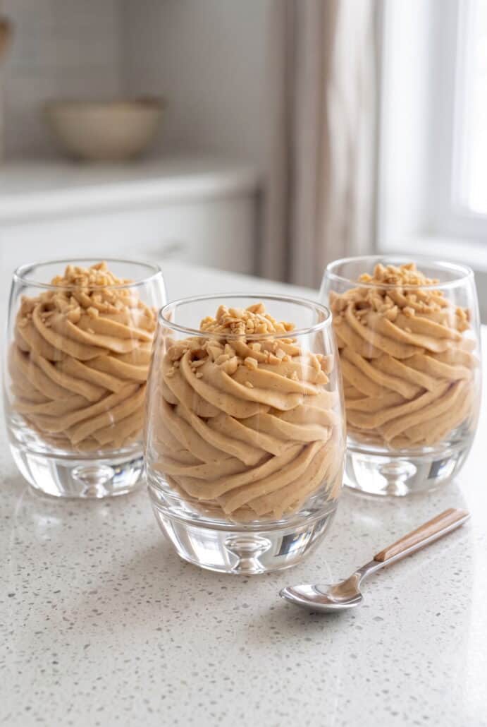 Three glasses of creamy peanut butter mousse topped with chopped peanuts, ready for serving.