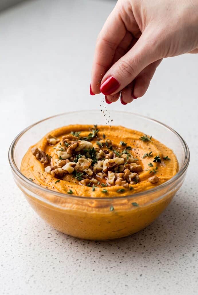Adding fresh thyme to pumpkin whipped feta topped with walnuts and honey for a fall appetizer.