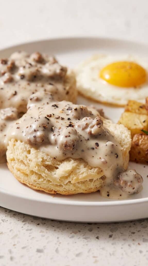 Biscuits topped with creamy sausage gravy and black pepper, served with egg and breakfast potatoes.