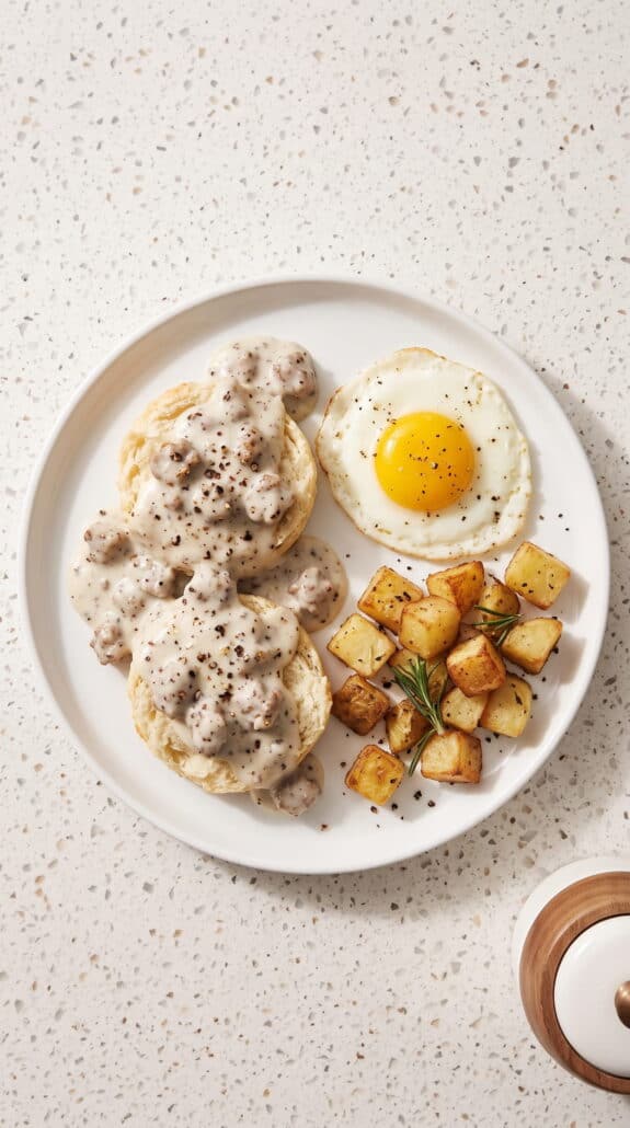 Sausage gravy and biscuits served with a sunny-side-up egg and crispy breakfast potatoes.