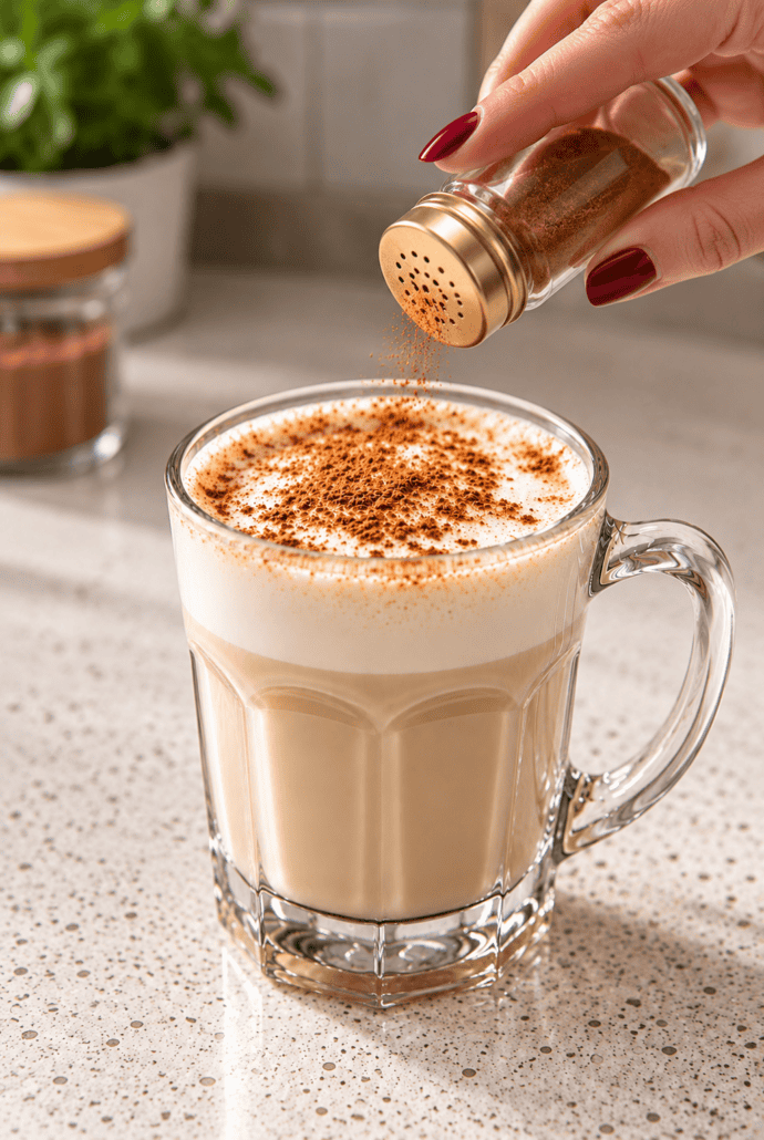 Ground cinnamon being sprinkled over hot vanilla cinnamon milk tea before serving.