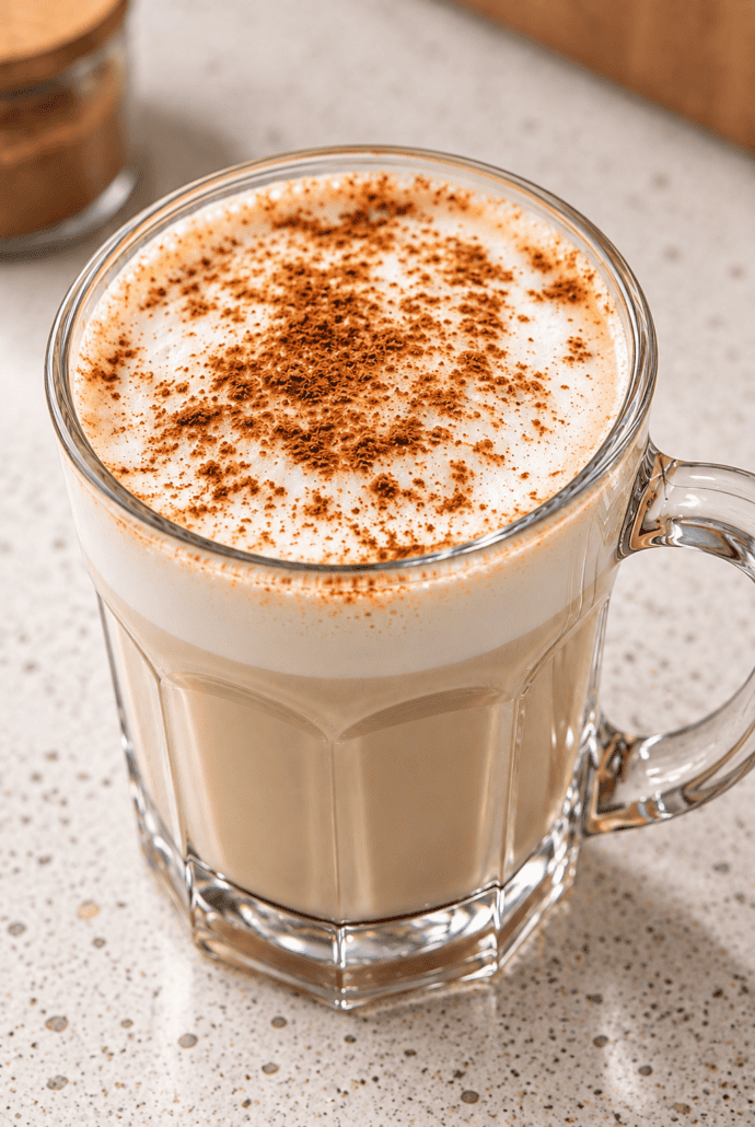 Close-up of hot vanilla cinnamon milk tea topped with a generous sprinkle of ground cinnamon.