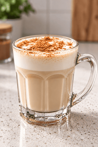 Cozy Vanilla Cinnamon Milk Tea Recipe Hot vanilla cinnamon milk tea topped with cinnamon, ready to serve.