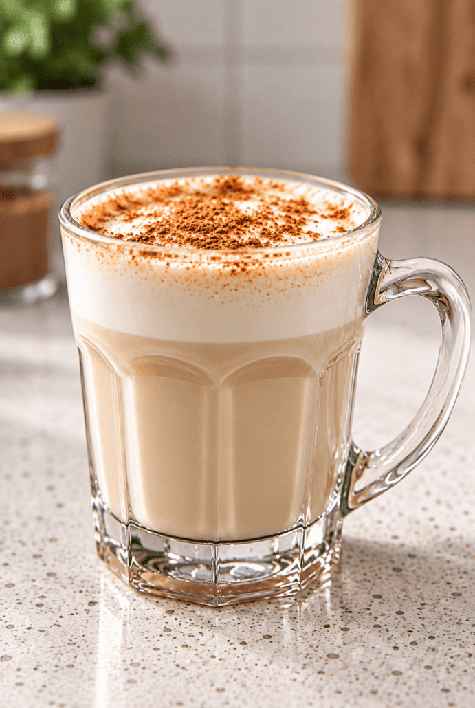 Hot vanilla cinnamon milk tea topped with cinnamon, ready to serve.