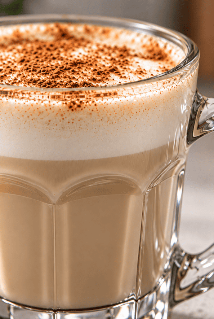 Close-up of creamy vanilla cinnamon milk tea with frothy milk and cinnamon on top.
