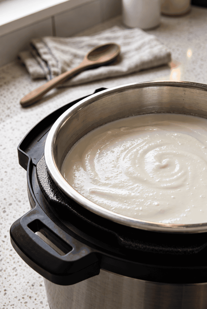 Creamy homemade Instant Pot yogurt freshly made in the stainless steel inner pot.