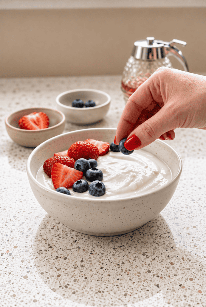 Adding fresh berries to creamy homemade Instant Pot yogurt for a simple breakfast or snack.