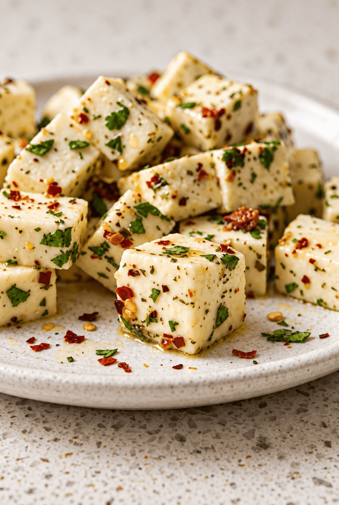 Close-up of marinated mozzarella cubes coated with herbs and red pepper flakes, ready to serve as a flavorful appetizer.