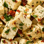 Herb-marinated mozzarella cubes with red pepper flakes, ready to serve as an easy Italian appetizer.