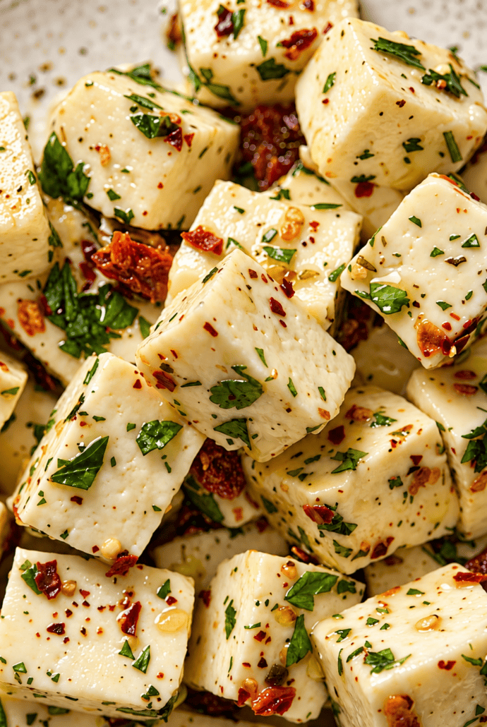 Herb-marinated mozzarella cubes with red pepper flakes, ready to serve as an easy Italian appetizer.