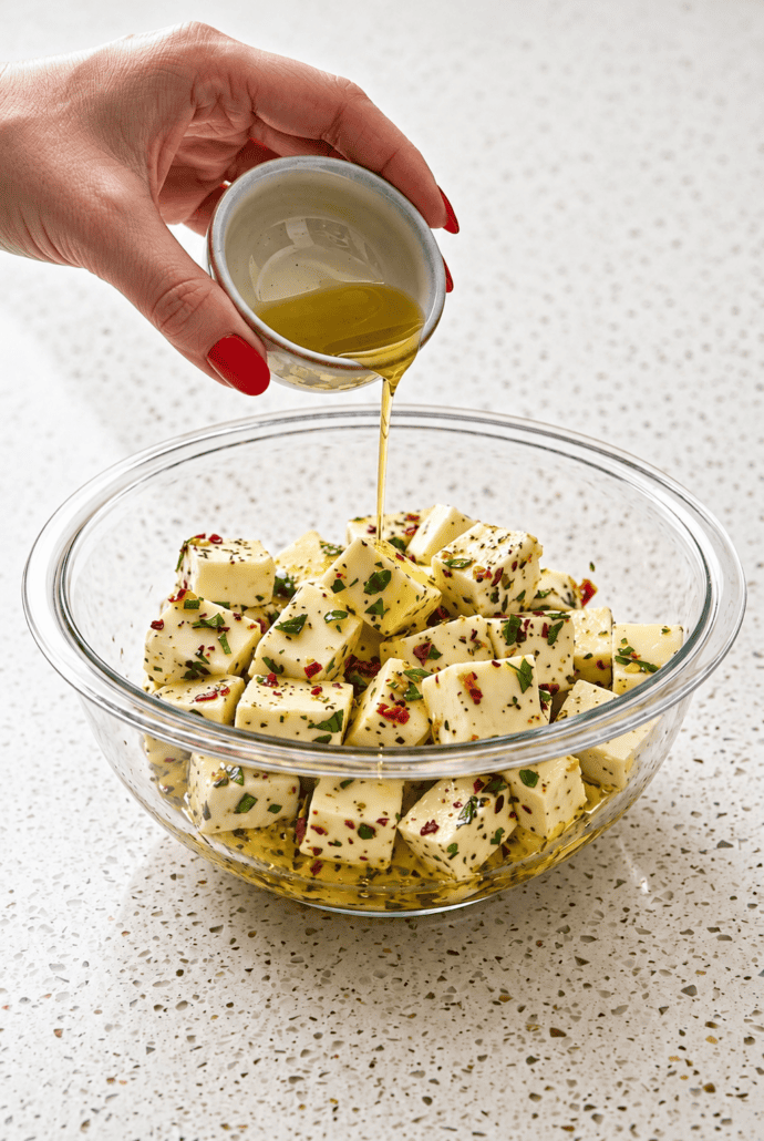 Pouring olive oil over mozzarella cubes with herbs to make marinated mozzarella.