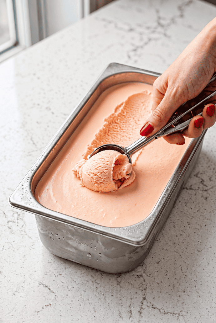 Scooping creamy homemade orange ice cream from a freezer container.