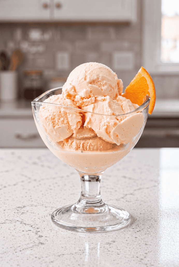 Creamy homemade orange ice cream scoops with fresh orange slice garnish.