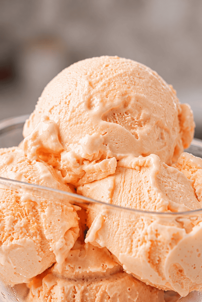 Close-up of creamy homemade orange ice cream with a smooth, scoopable texture.