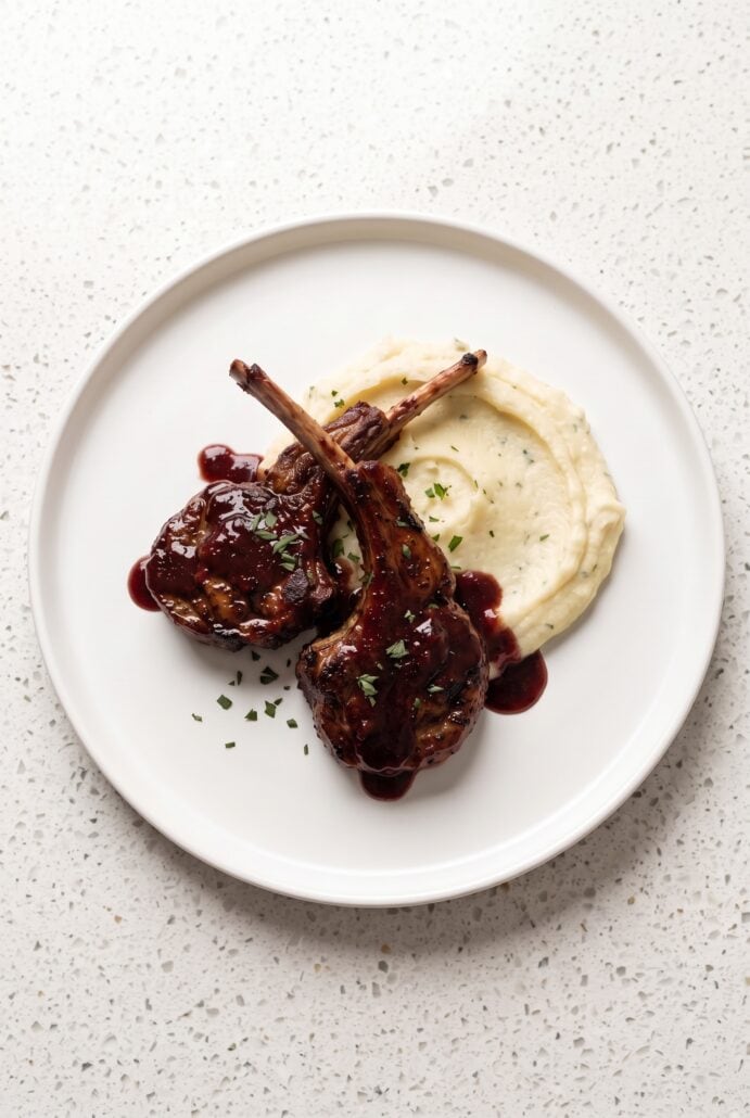 Pomegranate lamb chops served with creamy mashed potatoes and pomegranate sauce.