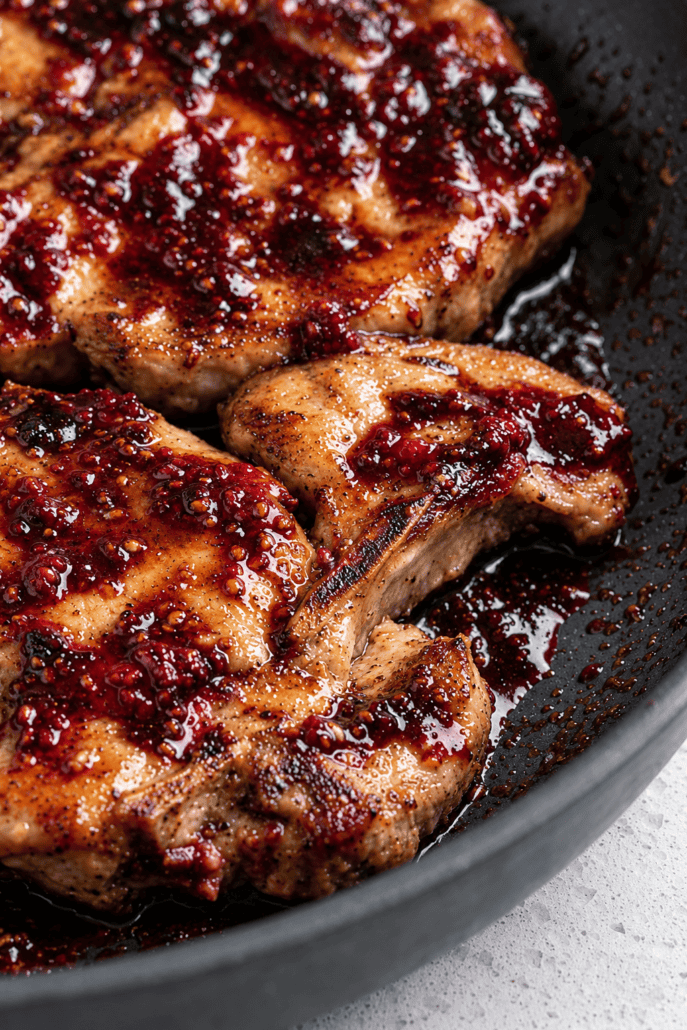 Close-up of juicy raspberry balsamic glazed pork chops caramelized in the skillet.