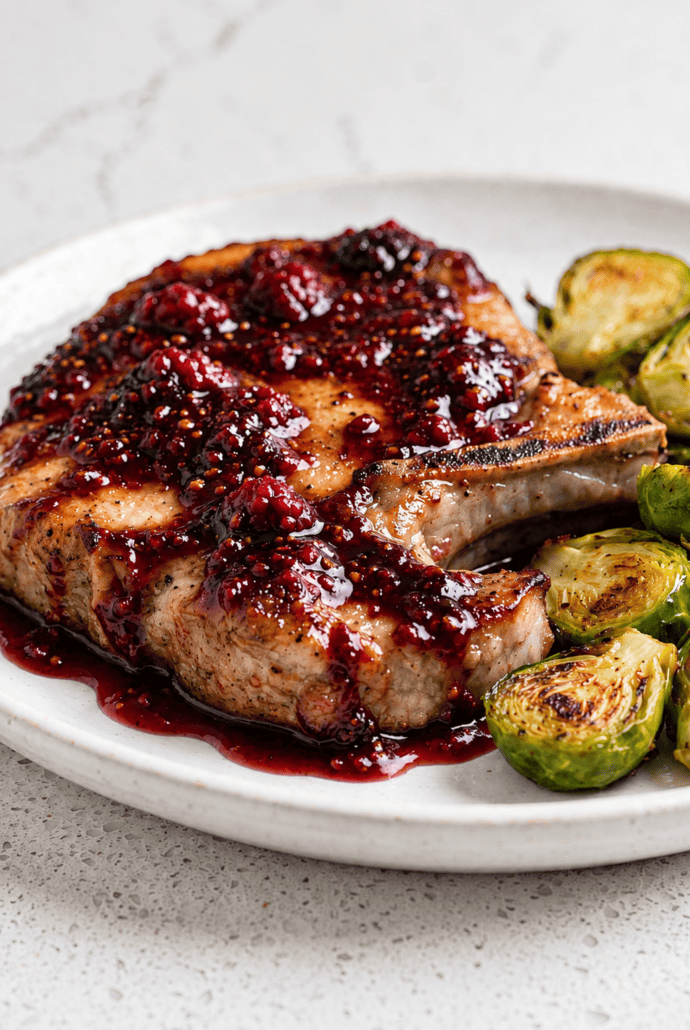 Raspberry balsamic glazed pork chop served with roasted Brussels sprouts.